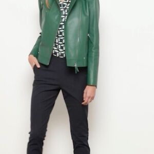 Bernice Leather Moto Jacket Lafayette 148 New York in Green size L
